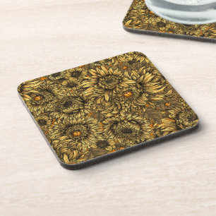 Posavasos Flores de crisantemo amarillo y escarabajos naranj