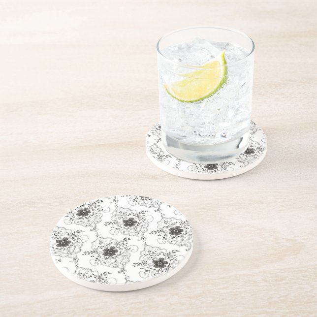Posavasos Flores de encaje falso blanco negro (Lado)