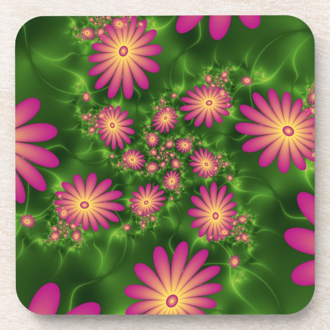 Posavasos Flores de fantasía rosa arte fractal abstracto mod (Frente)