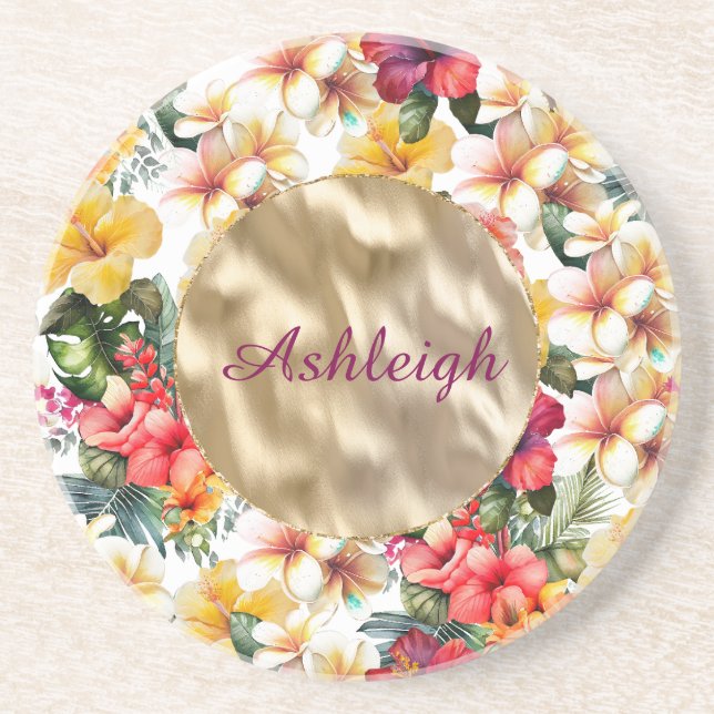 Posavasos Flores de Hibisco Rojas Amarillas Tropicales para  (Frente)