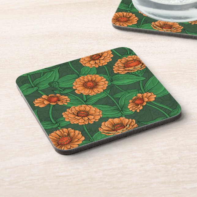 Posavasos flores de la zinnia naranja, hojas verdes sobre ve (Lado Izquierdo)