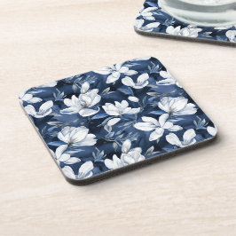 Posavasos Flores de magnolia blanca, fondo azul