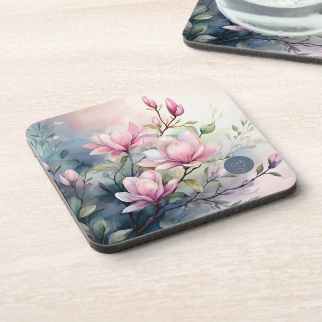 Posavasos Flores de Magnolia Rosa Botánico Monogramado (Lado Izquierdo)