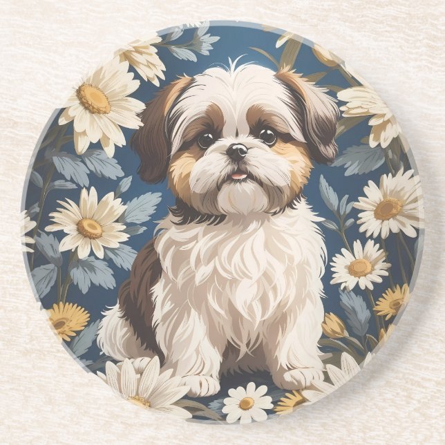 Posavasos Flores de margarita blanca de perro chiita tzu (Frente)