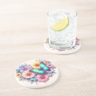 Posavasos Flores de margarita con una hermosa mariposa
