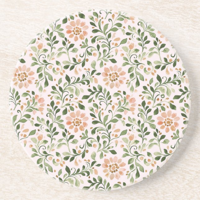 Posavasos Flores de Melocotón Rosado Hojas Verdes (Frente)