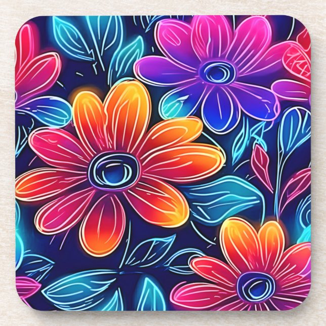 Posavasos Flores de neón florecen brillantes (Frente)