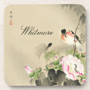 Posavasos Flores de pájaro y rosa impresión japonesa vintage