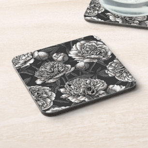Posavasos Flores de peonía blanca en gris oscuro