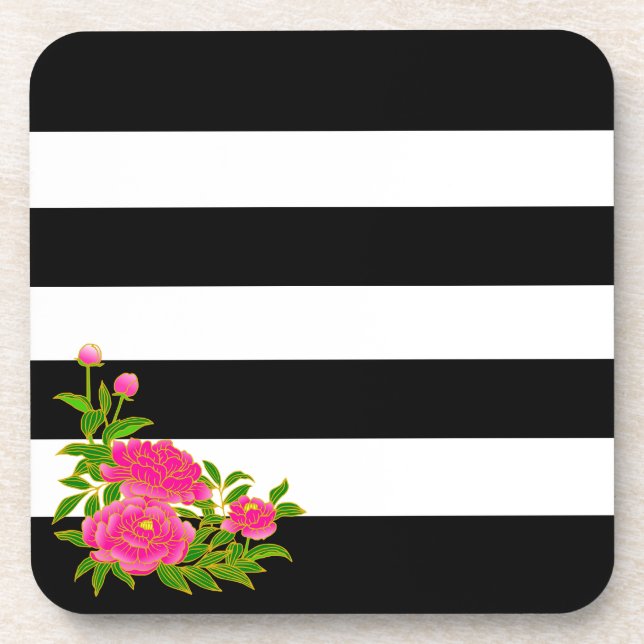 Posavasos flores de peonía en rayas blancas y negras (Frente)