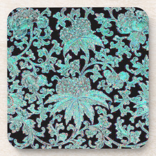 Posavasos flores de peonía turquesa patrón vintage negro