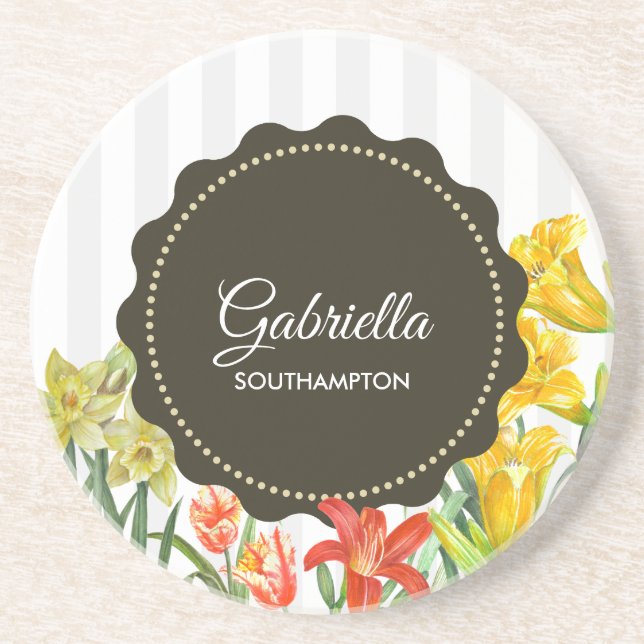 Posavasos Flores de primavera de Naranja amarillo acuarela (Frente)