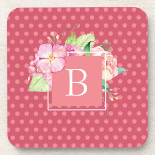 Posavasos Flores Femeninas Monogramadas de Puntos Rosados y 