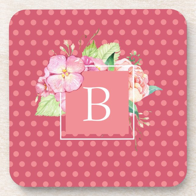 Posavasos Flores Femeninas Monogramadas de Puntos Rosados y  (Frente)