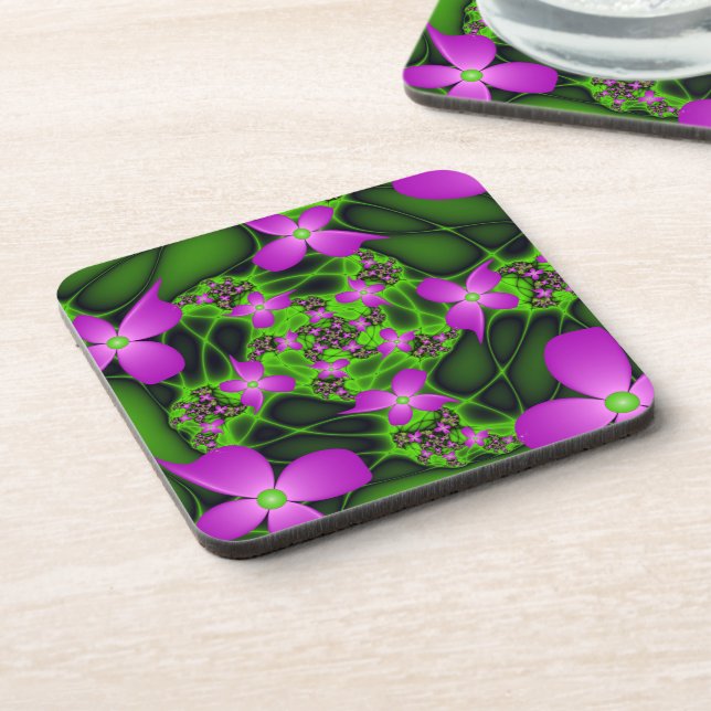 Posavasos Flores fractales abstractas modernas neón rosa ver (Lado Izquierdo)