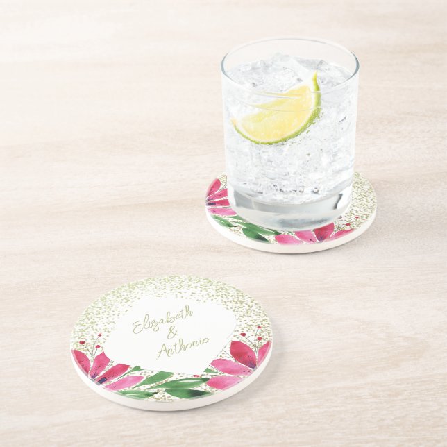Posavasos Flores Modernas Brillo Rosa Acuarela (Lado)