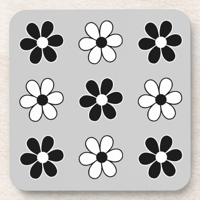 Posavasos Flores modernas en blanco y negro con gris platead (Frente)