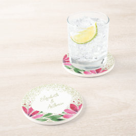Posavasos Flores modernas florecen acuarela Purpurina rosa