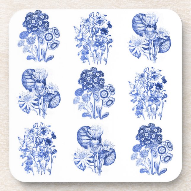 Posavasos Flores monocromas en azul Delft (Frente)
