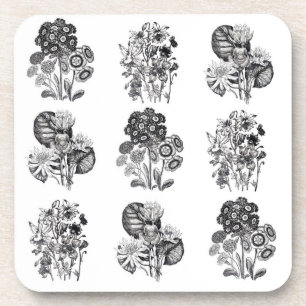 Posavasos Flores monocromas en blanco y negro
