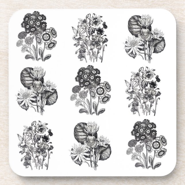 Posavasos Flores monocromas en blanco y negro (Frente)