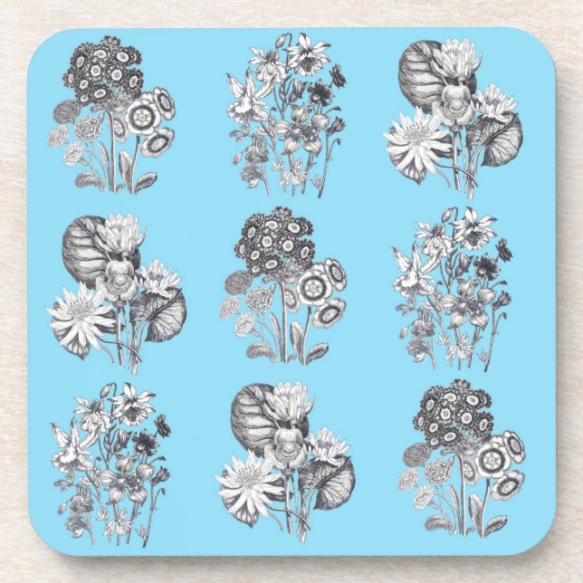 Posavasos Flores monocromas sobre fondo azul bebé (Frente)