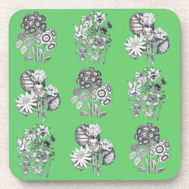 Posavasos Flores monocromas sobre fondo verde (Frente)