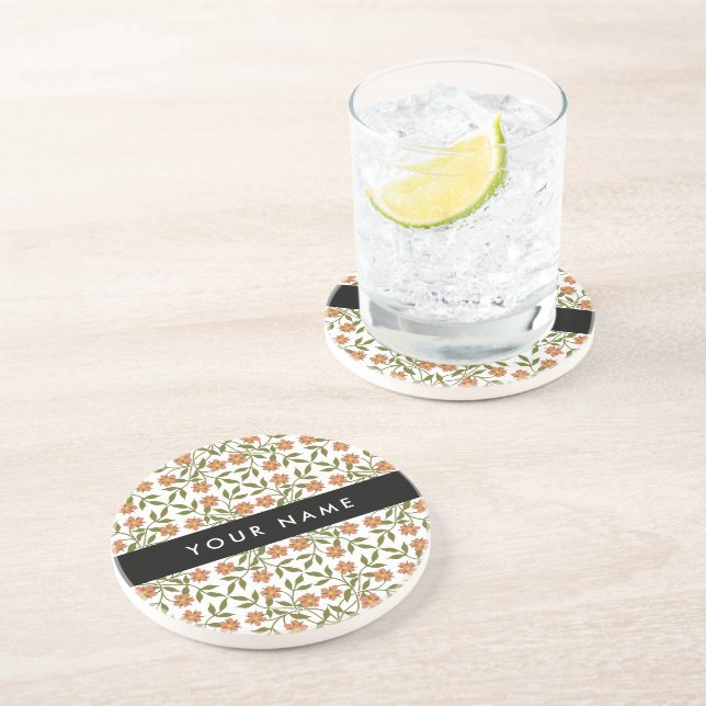 Posavasos Flores Naranjas, Patrón Floral, Boho, Tu Nombre (Lado)