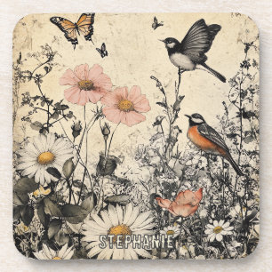 Posavasos Flores, pájaros y mariposa sobre papel de edad (1)