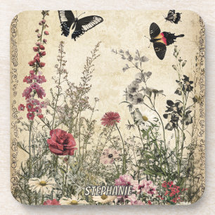 Posavasos Flores, pájaros y mariposa sobre papel de edad (2)