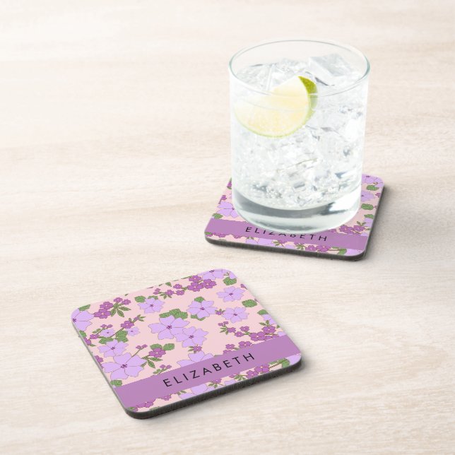 Posavasos Flores Púrpura, Patrón De Flores, Tu Nombre (Lado Derecho)