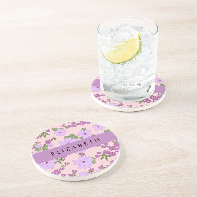 Posavasos Flores Púrpura, Patrón De Flores, Tu Nombre (Lado)