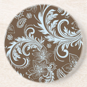 Posavasos Flores Retro Marrón Y Azul Y Diseño De Swirls