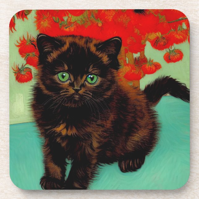 Posavasos Flores rojas de gato negro Van Gogh (Frente)