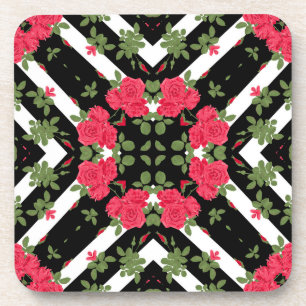 Posavasos Flores rojas florales caleidoscópicas blanco negro