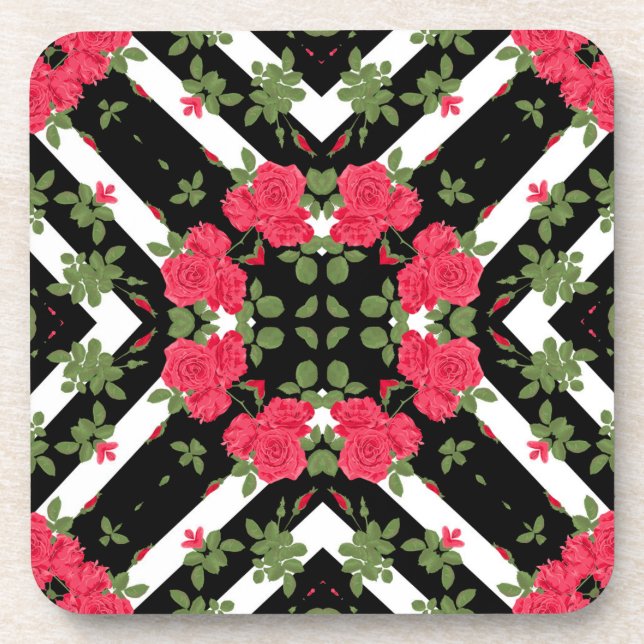 Posavasos Flores rojas florales caleidoscópicas blanco negro (Frente)