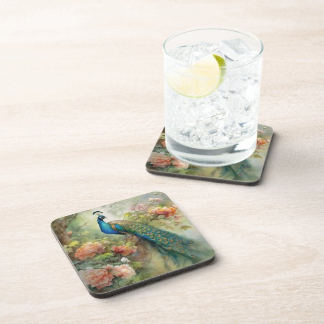 Posavasos Flores rosa de pavo real verde azul elegante (Lado Derecho)