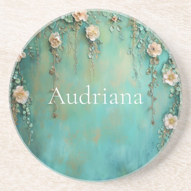 Posavasos Flores rosadas con toque romántico en azul teal (Frente)