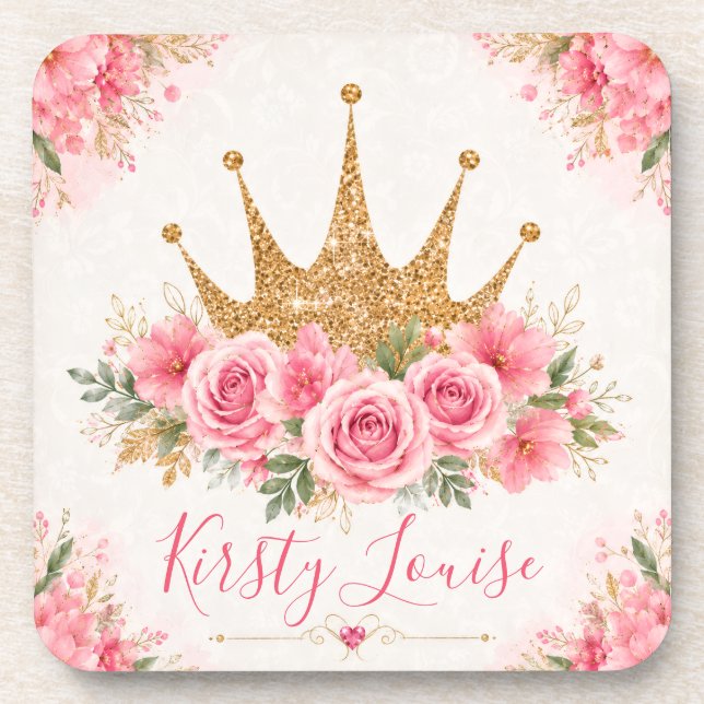 Posavasos Flores rosadas de acuarela y tiara dorada (Frente)
