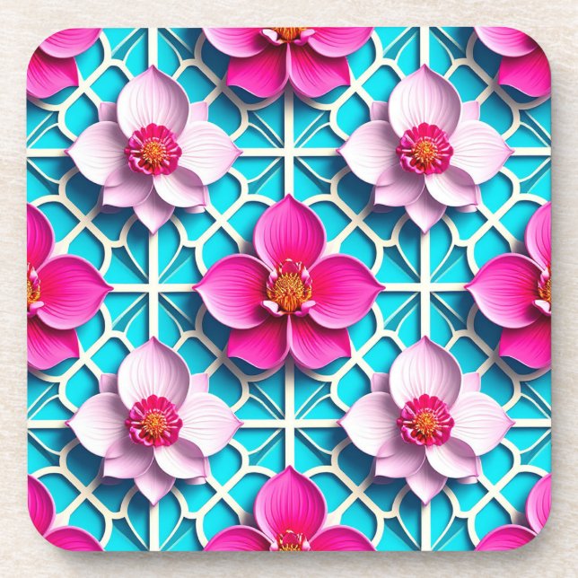 Posavasos Flores rosadas sobre un fondo azul geométrico (Frente)