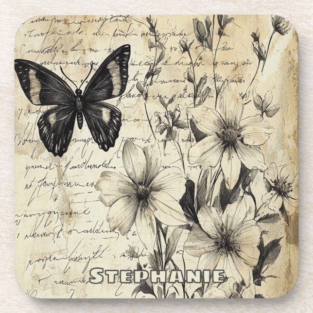 Posavasos Flores rusticas y mariposa - Papel de edad (1) (Frente)