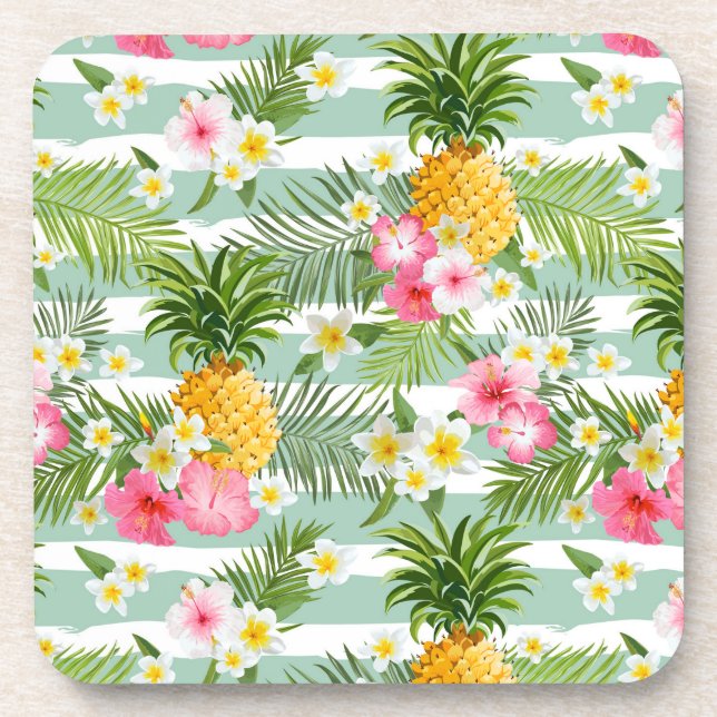 Posavasos Flores tropicales y piña en franjas Verde azuladas (Frente)