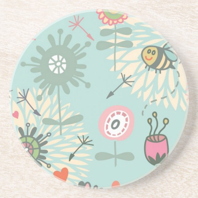 Posavasos Flores y abejas de primavera ilustradas (Frente)