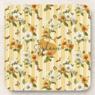 Posavasos Flores y mariposas en franjas amarillas (3)