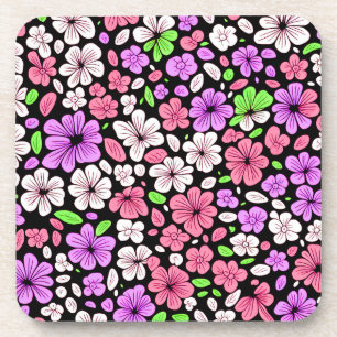 Posavasos Flores y Pétalos Morados y Rosados Patrón Negro