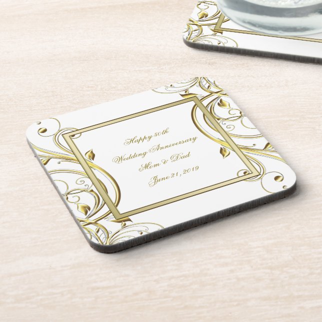 Posavasos Flourish Gold White 50° Aniversario del Boda (Lado Izquierdo)