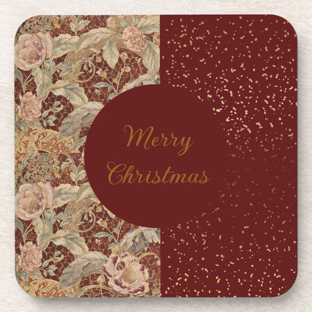 Posavasos Flowers,Burgundi Red Gold Glitter, Merry Christmas (Frente)