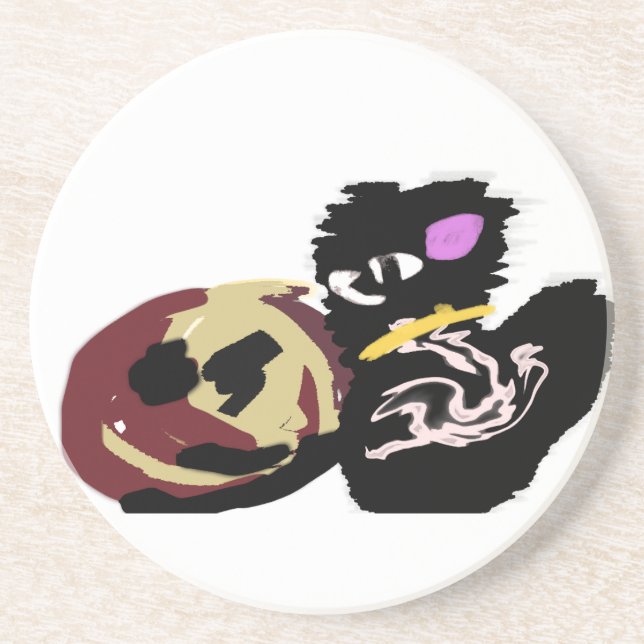 Posavasos Fluffy Black Cat Jack o Lantern fun  (Frente)