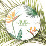 Posavasos Foliage floral tropical Monograma Script de oro bl<br><div class="desc">Disfrute de una elegante hospitalidad tropical en su casa cuando se relaje con su bebida favorita con esta moderna y moda montaña arenisca monograma personalizado. Sorprendentes, sofisticadas, coloridas, aves acuarelas tropicales de flores paradisíacas, falsos purpurinas de oro y escritura caligráfica personalizada con un audaz monograma inicial, superponen un dramático fondo...</div>