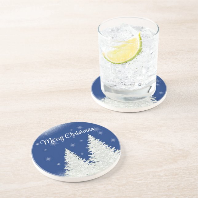 Posavasos Fondo azul con árbol de Navidad (Lado)